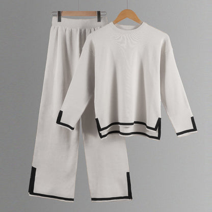 Women’s Split-Detail Knit Two-Piece Set – Crew-Neck Relaxed Top with Wide-Leg Trousers for Everyday Wear