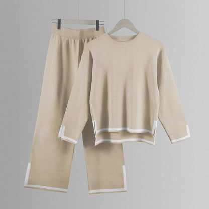 Women’s Split-Detail Knit Two-Piece Set – Crew-Neck Relaxed Top with Wide-Leg Trousers for Everyday Wear