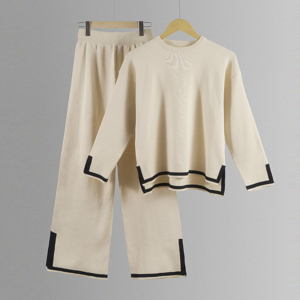 Women’s Split-Detail Knit Two-Piece Set – Crew-Neck Relaxed Top with Wide-Leg Trousers for Everyday Wear
