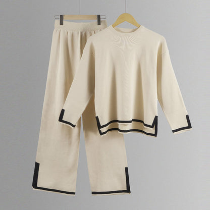 Women’s Split-Detail Knit Two-Piece Set – Crew-Neck Relaxed Top with Wide-Leg Trousers for Everyday Wear