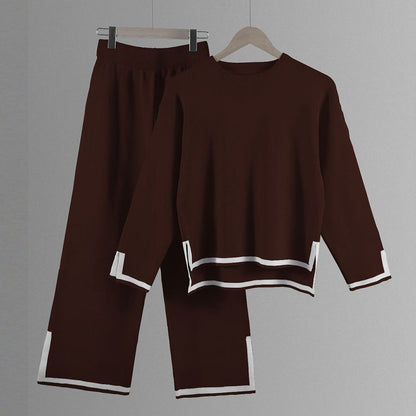 Women’s Split-Detail Knit Two-Piece Set – Crew-Neck Relaxed Top with Wide-Leg Trousers for Everyday Wear