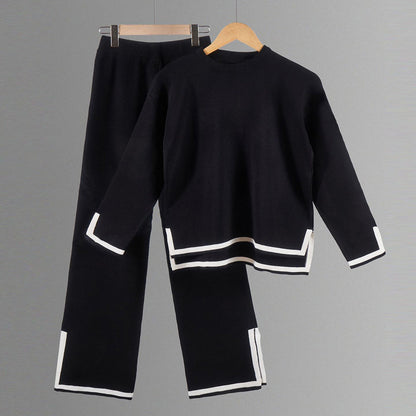 Women’s Split-Detail Knit Two-Piece Set – Crew-Neck Relaxed Top with Wide-Leg Trousers for Everyday Wear