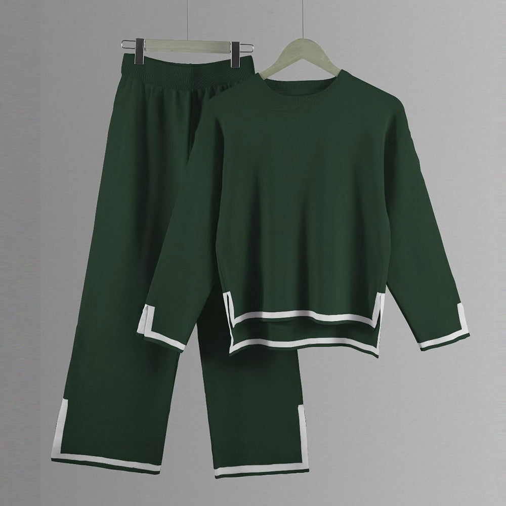 Women’s Split-Detail Knit Two-Piece Set – Crew-Neck Relaxed Top with Wide-Leg Trousers for Everyday Wear