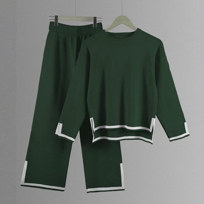 Women’s Split-Detail Knit Two-Piece Set – Crew-Neck Relaxed Top with Wide-Leg Trousers for Everyday Wear