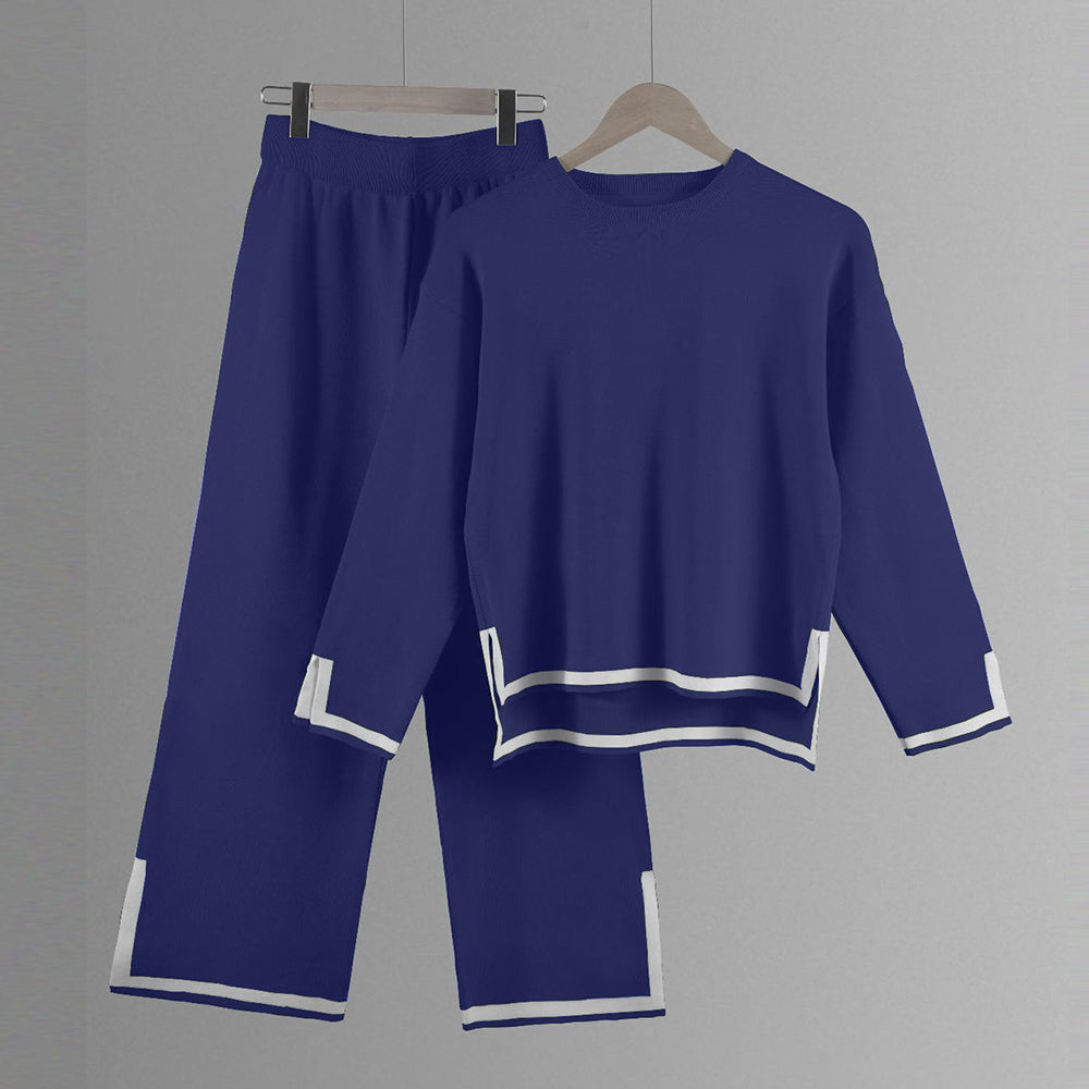 Women’s Split-Detail Knit Two-Piece Set – Crew-Neck Relaxed Top with Wide-Leg Trousers for Everyday Wear
