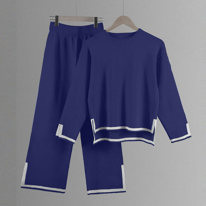 Women’s Split-Detail Knit Two-Piece Set – Crew-Neck Relaxed Top with Wide-Leg Trousers for Everyday Wear
