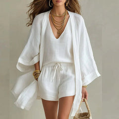 Women’s Breathable Cotton Linen Three Piece Shorts Set – Relaxed Summer Holiday Outfit