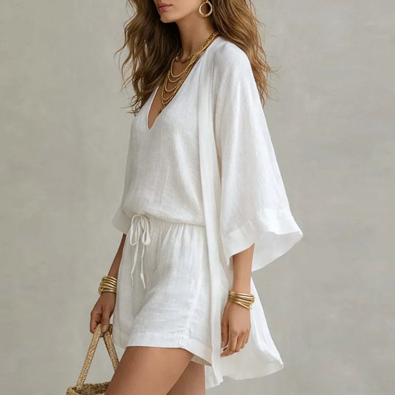 Women’s Breathable Cotton Linen Three Piece Shorts Set – Relaxed Summer Holiday Outfit