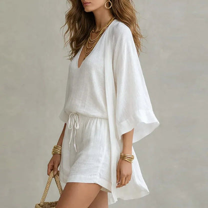 Women’s Breathable Cotton Linen Three Piece Shorts Set – Relaxed Summer Holiday Outfit