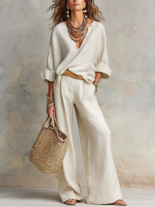 Women’s Linen Look Wide Leg Trouser Set – Breathable Relaxed Summer Resort Outfit