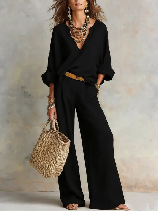 Women’s Linen Look Wide Leg Trouser Set – Breathable Relaxed Summer Resort Outfit