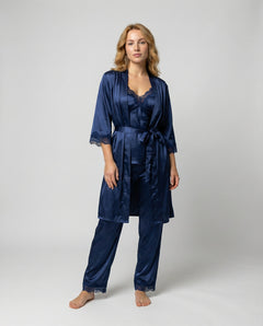 Women’s Lace-Trim Evening Loungewear – Silk-Blend Pyjama Set with Belted Kimono