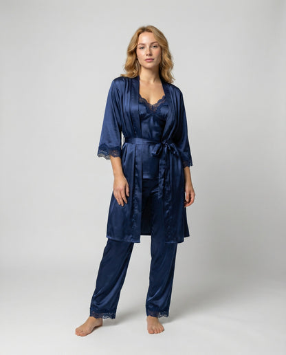Women’s Lace-Trim Evening Loungewear – Silk-Blend Pyjama Set with Belted Kimono