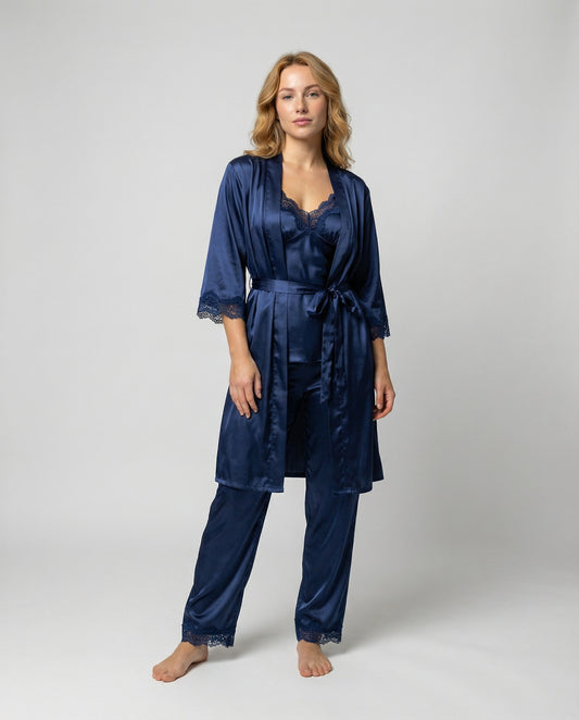 Women’s Lace-Trim Evening Loungewear – Silk-Blend Pyjama Set with Belted Kimono