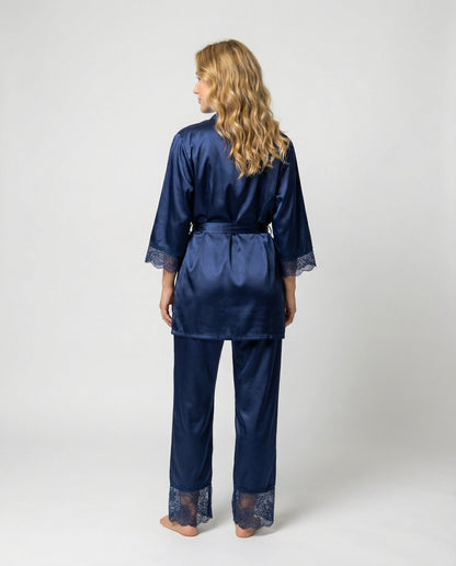 Women’s Lace-Trim Evening Loungewear – Silk-Blend Pyjama Set with Belted Kimono