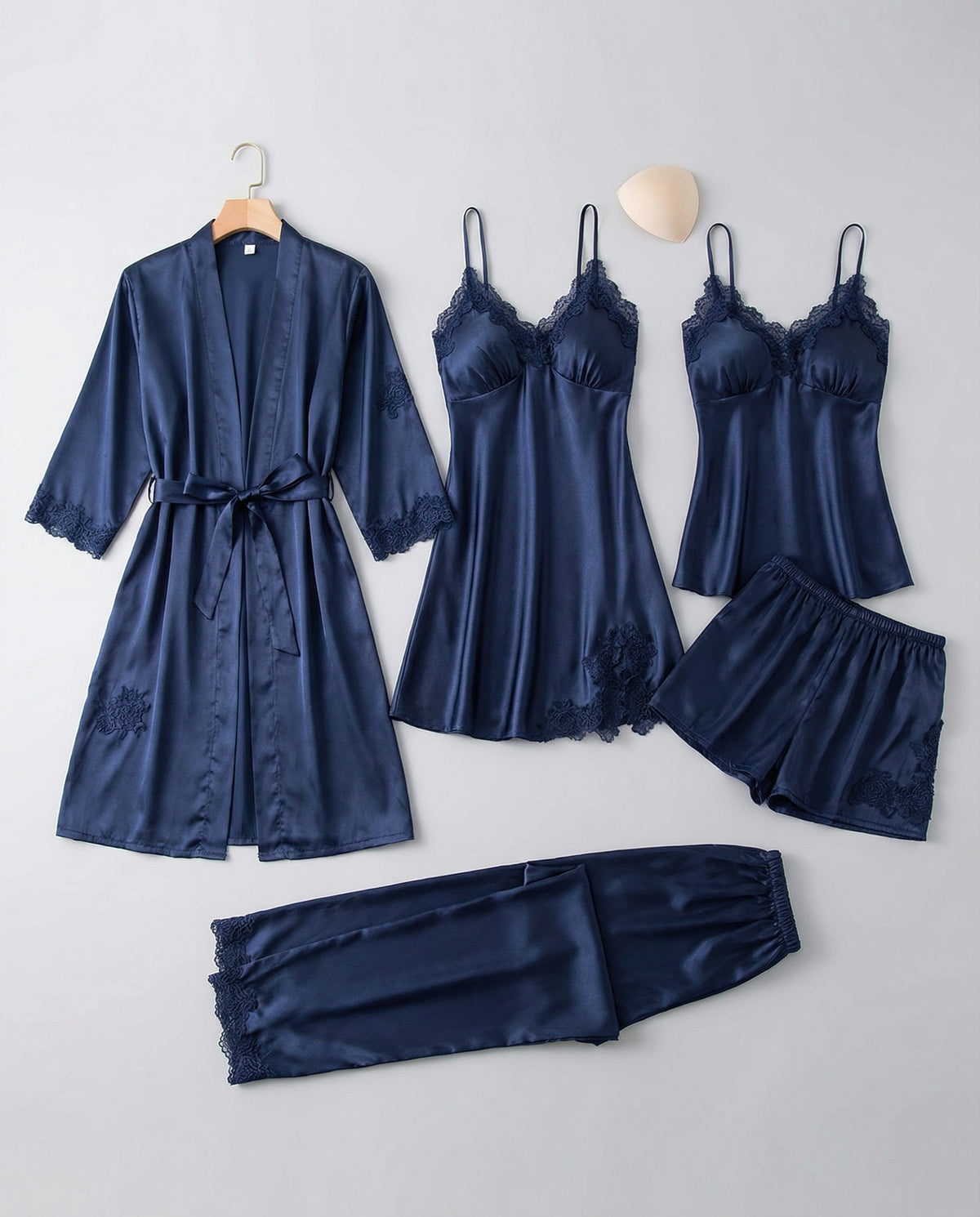 Women’s Lace-Trim Evening Loungewear – Silk-Blend Pyjama Set with Belted Kimono