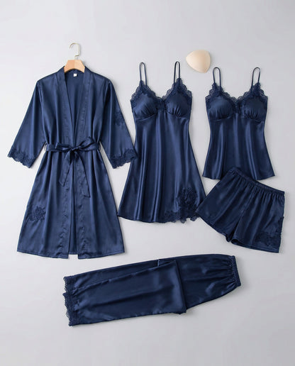 Women’s Lace-Trim Evening Loungewear – Silk-Blend Pyjama Set with Belted Kimono