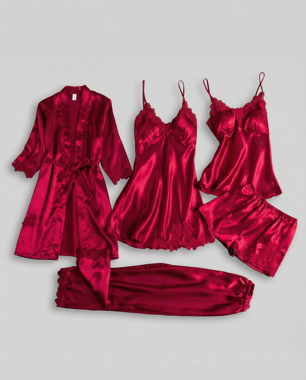 Women’s Lace-Trim Evening Loungewear – Silk-Blend Pyjama Set with Belted Kimono