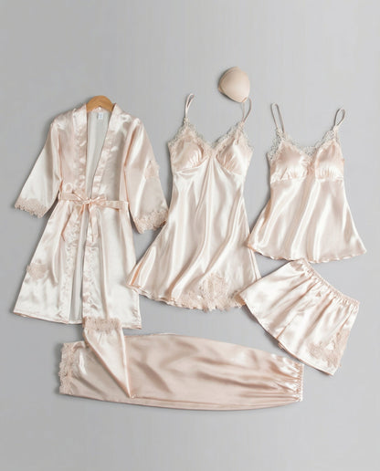Women’s Lace-Trim Evening Loungewear – Silk-Blend Pyjama Set with Belted Kimono