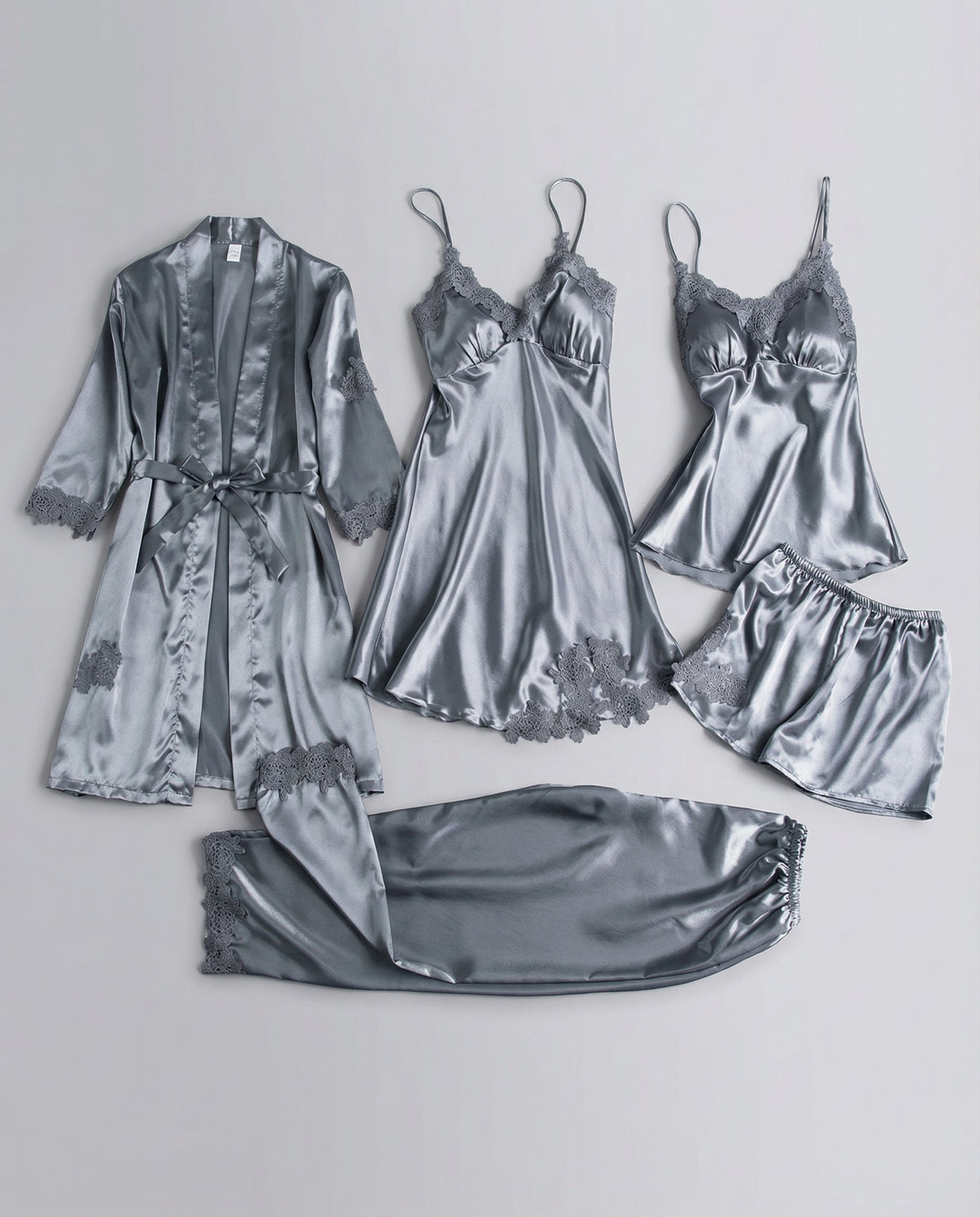 Women’s Lace-Trim Evening Loungewear – Silk-Blend Pyjama Set with Belted Kimono