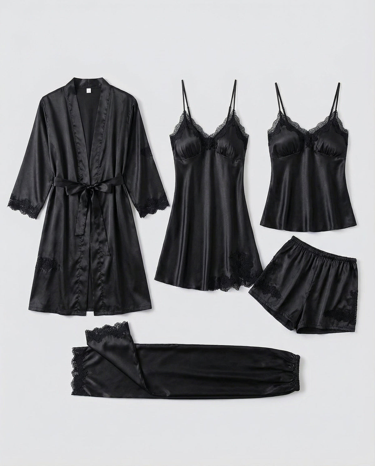 Women’s Lace-Trim Evening Loungewear – Silk-Blend Pyjama Set with Belted Kimono