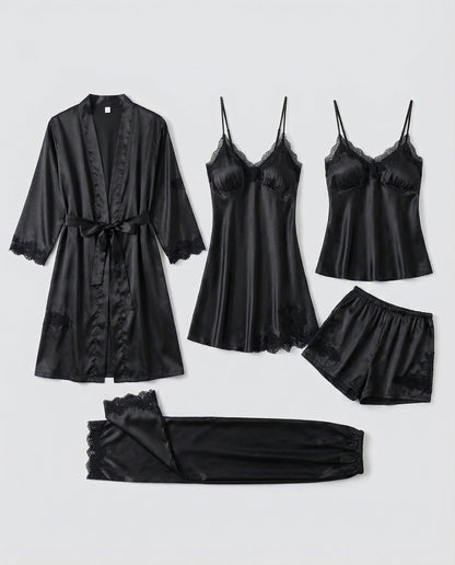 Women’s Lace-Trim Evening Loungewear – Silk-Blend Pyjama Set with Belted Kimono