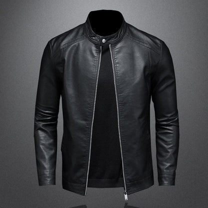 Men’s Faux-Leather Band-Collar Jacket – Clean Everyday Layer for Smart Casual Wear