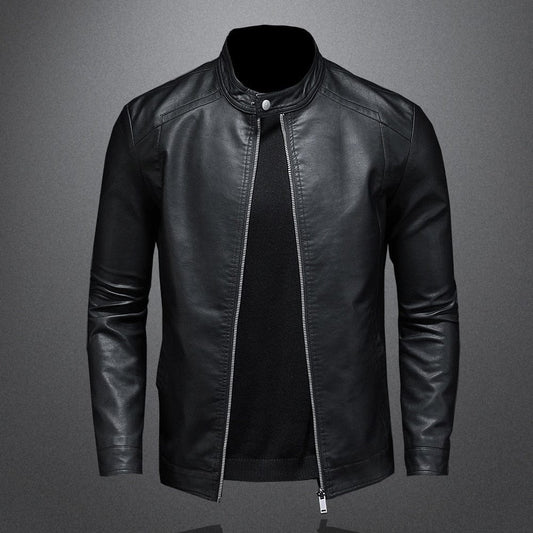 Men’s Faux-Leather Band-Collar Jacket – Clean Everyday Layer for Smart Casual Wear