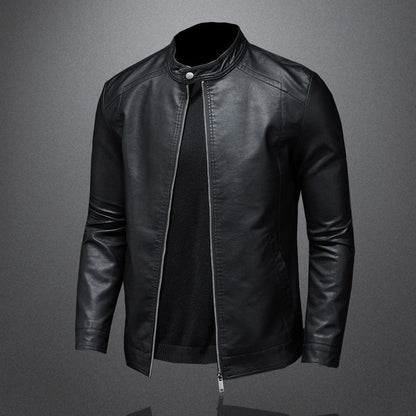 Men’s Faux-Leather Band-Collar Jacket – Clean Everyday Layer for Smart Casual Wear