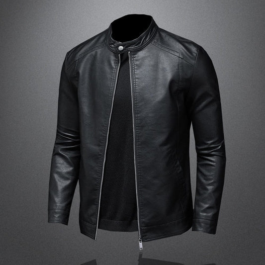 Men’s Faux-Leather Band-Collar Jacket – Clean Everyday Layer for Smart Casual Wear