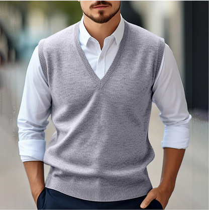 Men’s Sleeveless V-Neck Jumper – Fine Knit Tank with Ribbed Trims