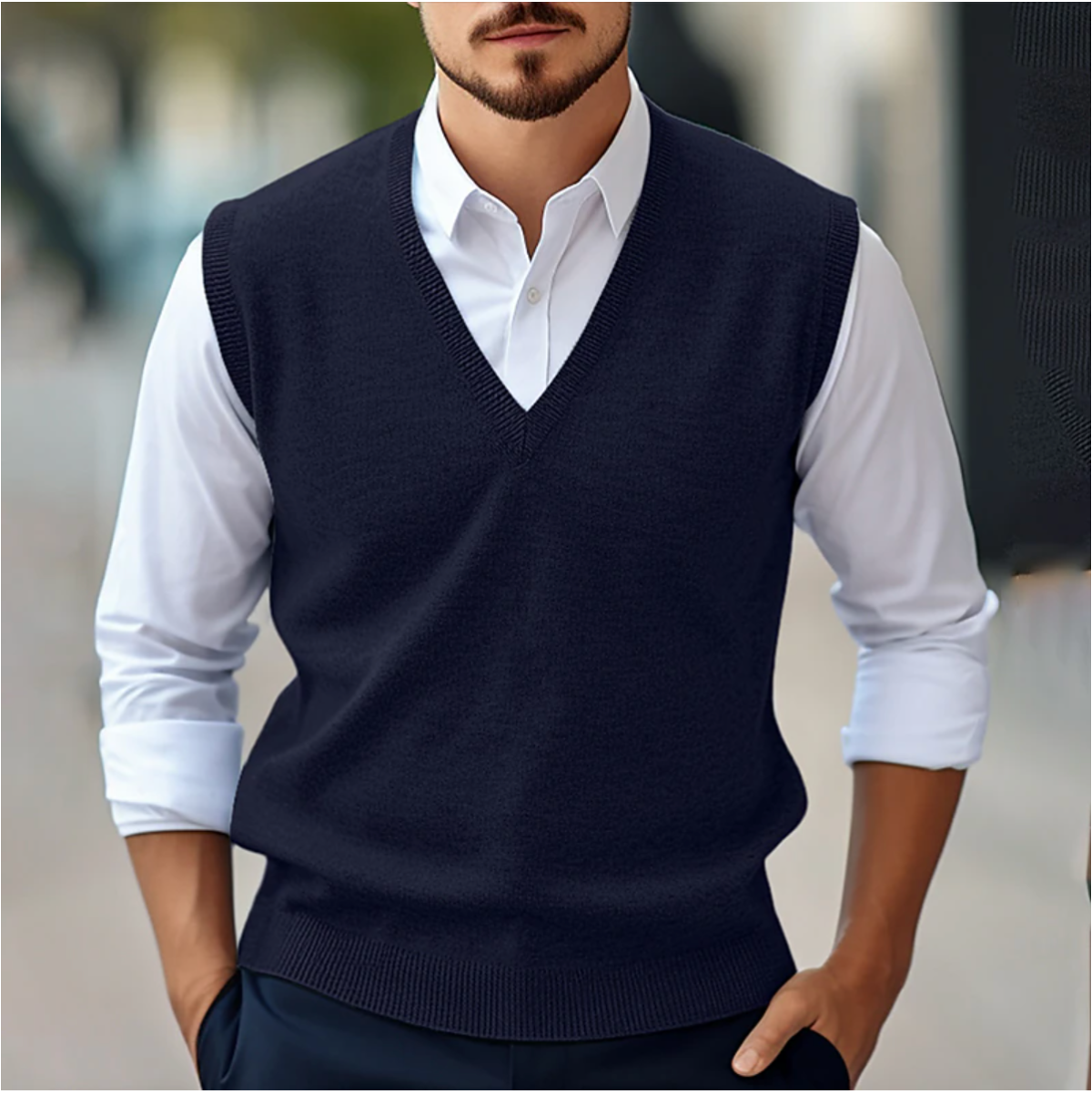 Men’s Sleeveless V-Neck Jumper – Fine Knit Tank with Ribbed Trims
