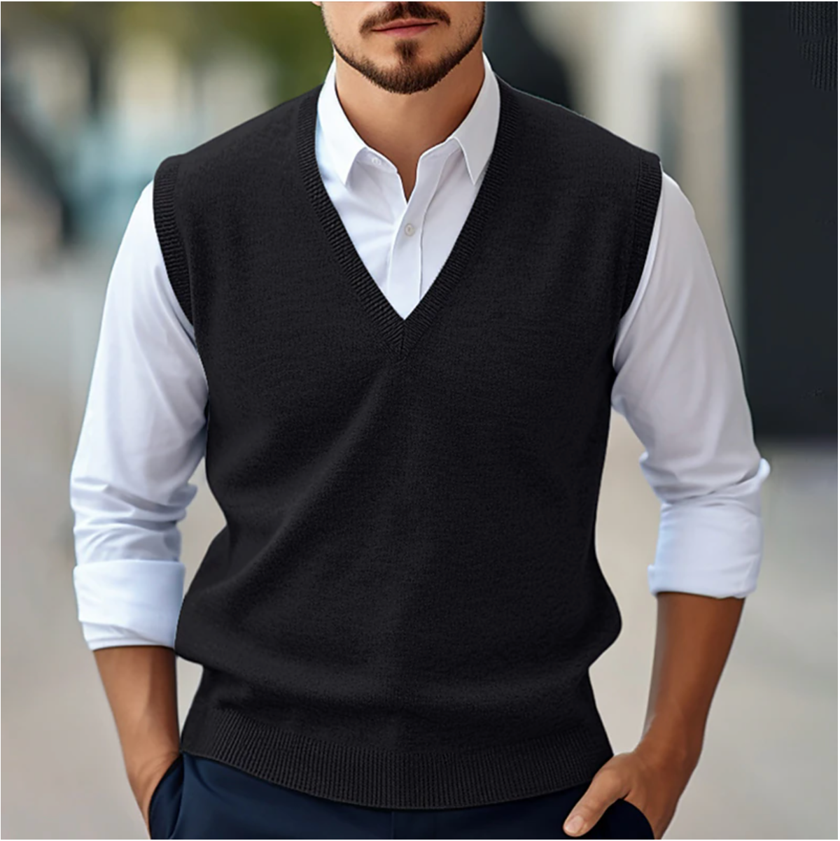 Men’s Sleeveless V-Neck Jumper – Fine Knit Tank with Ribbed Trims