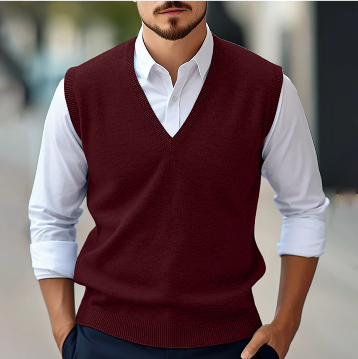 Men’s Sleeveless V-Neck Jumper – Fine Knit Tank with Ribbed Trims
