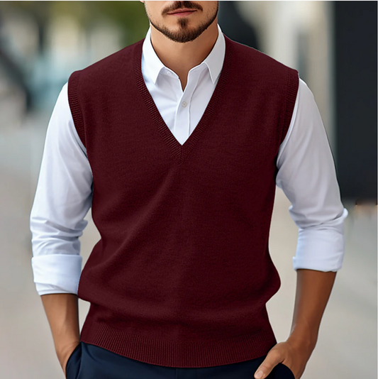 Men’s Sleeveless V-Neck Jumper – Fine Knit Tank with Ribbed Trims