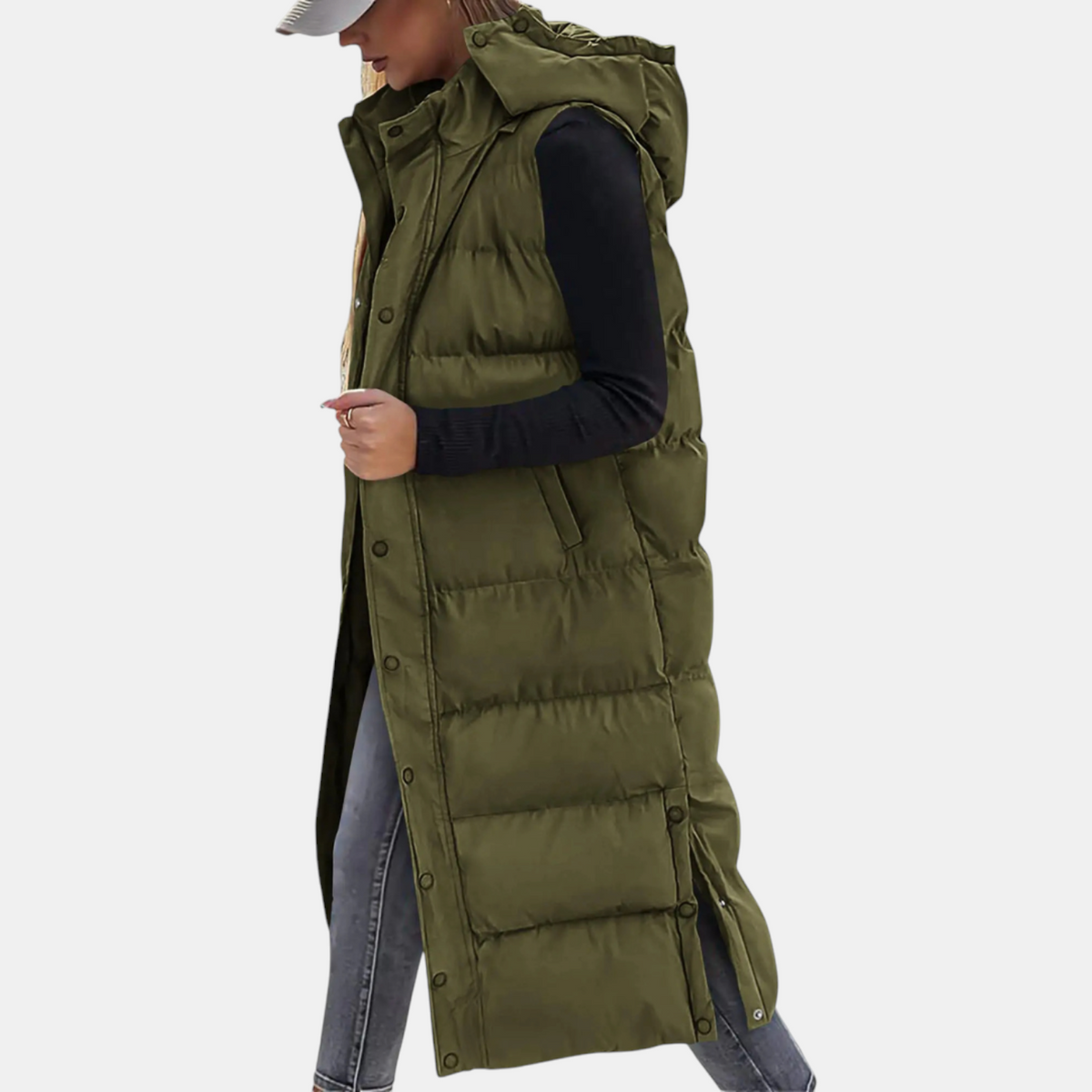 Women’s Longline Quilted Gilet – Hooded Sleeveless Padded Coat