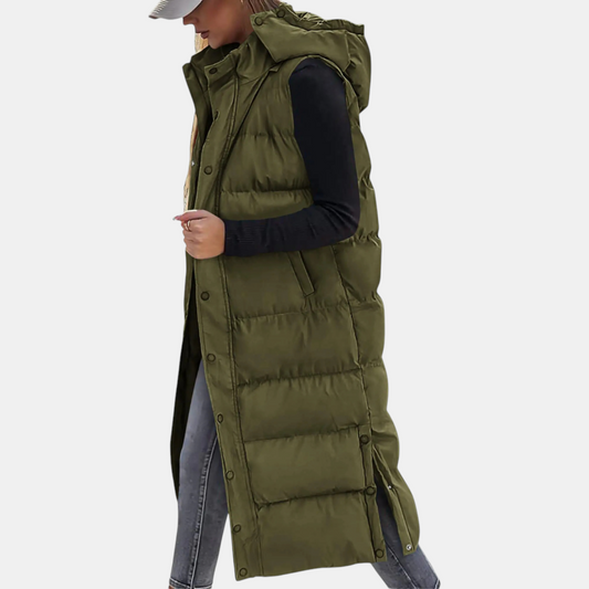 Women’s Longline Quilted Gilet – Hooded Sleeveless Padded Coat