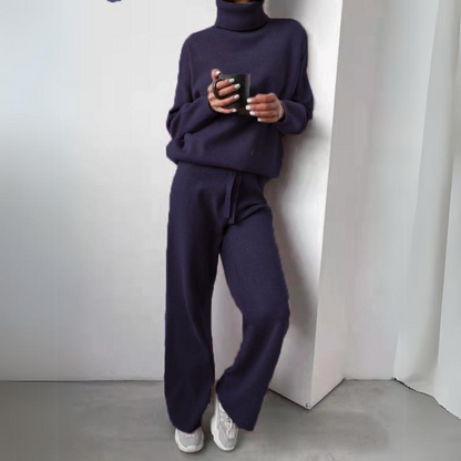 Women’s Relaxed Turtleneck Knit Set – Soft Pullover and Drawstring Wide-Leg Trousers for Autumn and Winter