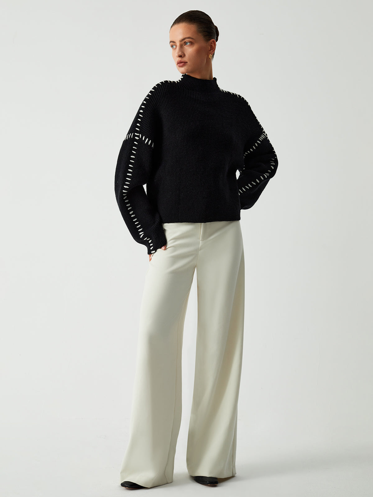 Women’s Oversized Knitted Jumper – Contrast Stitching with Stand Collar