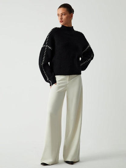 Women’s Oversized Knitted Jumper – Contrast Stitching with Stand Collar