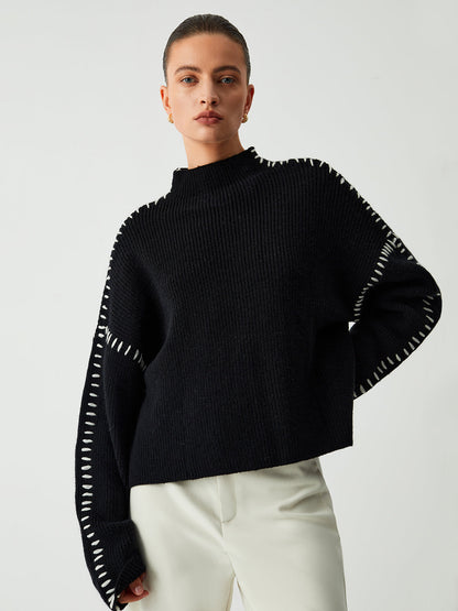 Women’s Oversized Knitted Jumper – Contrast Stitching with Stand Collar