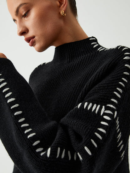 Women’s Oversized Knitted Jumper – Contrast Stitching with Stand Collar