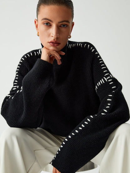 Women’s Oversized Knitted Jumper – Contrast Stitching with Stand Collar