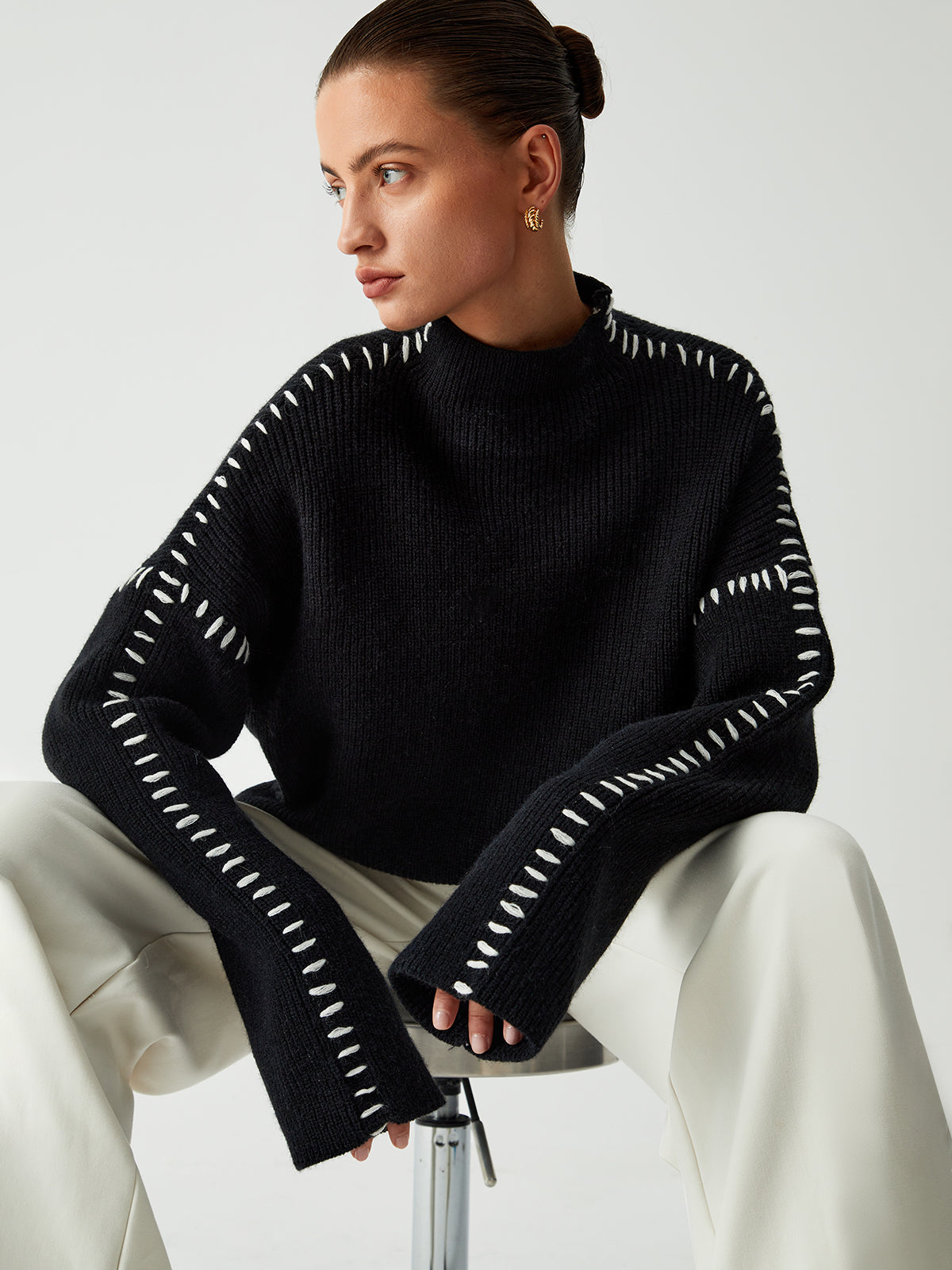 Women’s Oversized Knitted Jumper – Contrast Stitching with Stand Collar
