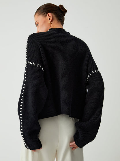 Women’s Oversized Knitted Jumper – Contrast Stitching with Stand Collar