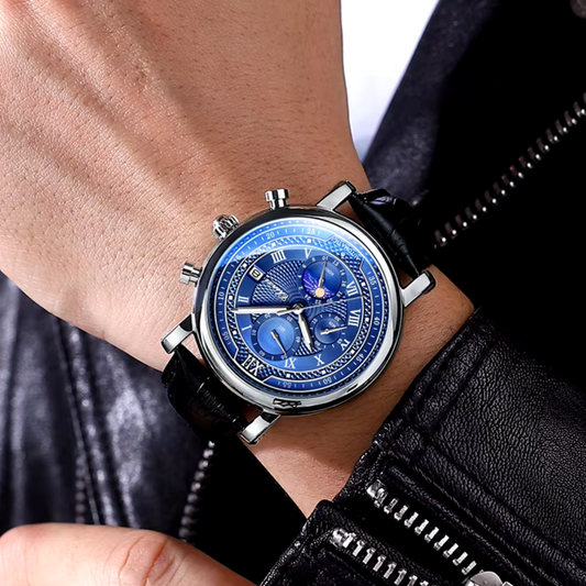 Men’s Leather-Strap Chronograph Watch – Classic Everyday Timepiece with Blue Dial