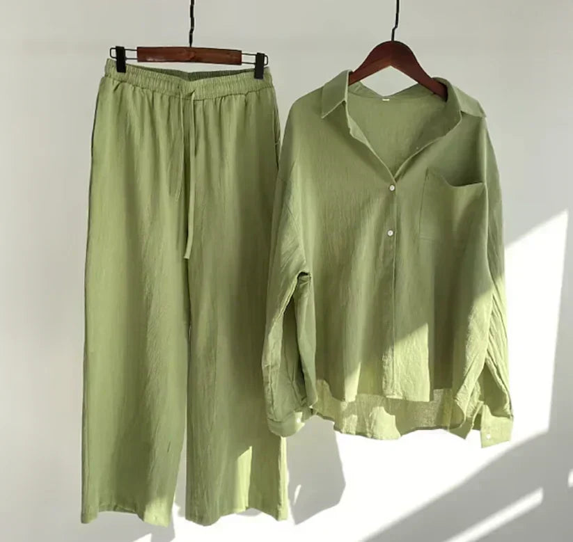 Women’s Linen Shirt and Trouser Set – Relaxed Button-Front Top with Drawstring Wide-Leg Trousers for Summer Wear