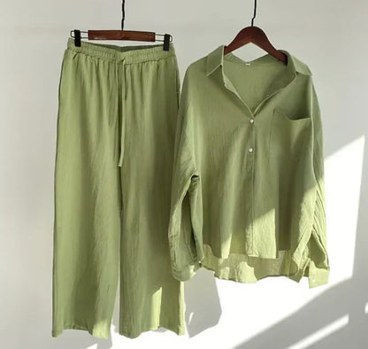 Women’s Linen Shirt and Trouser Set – Relaxed Button-Front Top with Drawstring Wide-Leg Trousers for Summer Wear