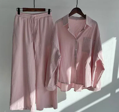 Women’s Linen Shirt and Trouser Set – Relaxed Button-Front Top with Drawstring Wide-Leg Trousers for Summer Wear