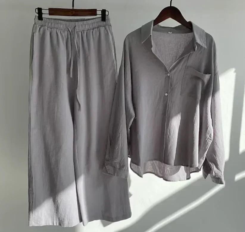 Women’s Linen Shirt and Trouser Set – Relaxed Button-Front Top with Drawstring Wide-Leg Trousers for Summer Wear